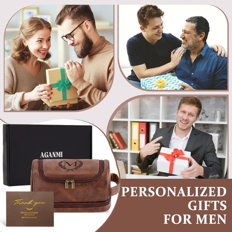 Aganmi Personalized Christmas Birthday Gifts Toiletry Bag for Men Dad Husband, Custom Initial PU Leather Waterproof Toiletry Organizer Dopp Kit Shaving Bag Travel Essential for Men, Reddish Brown J - Image 2